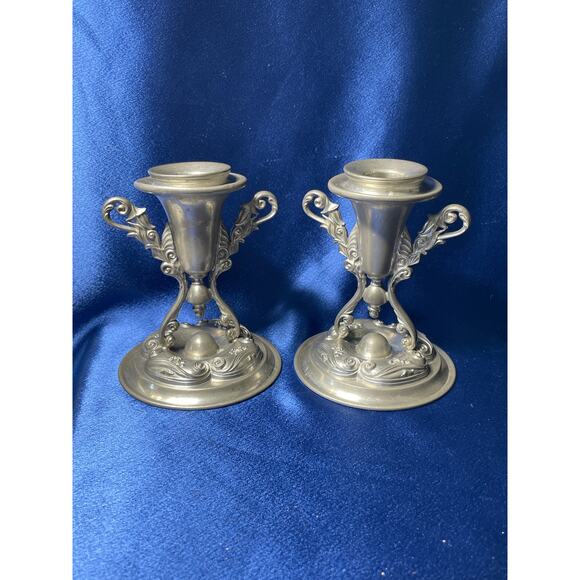 Pair of Ornate Candlestick Holders Pewter by Wilcox P139 - Picture 1 of 9